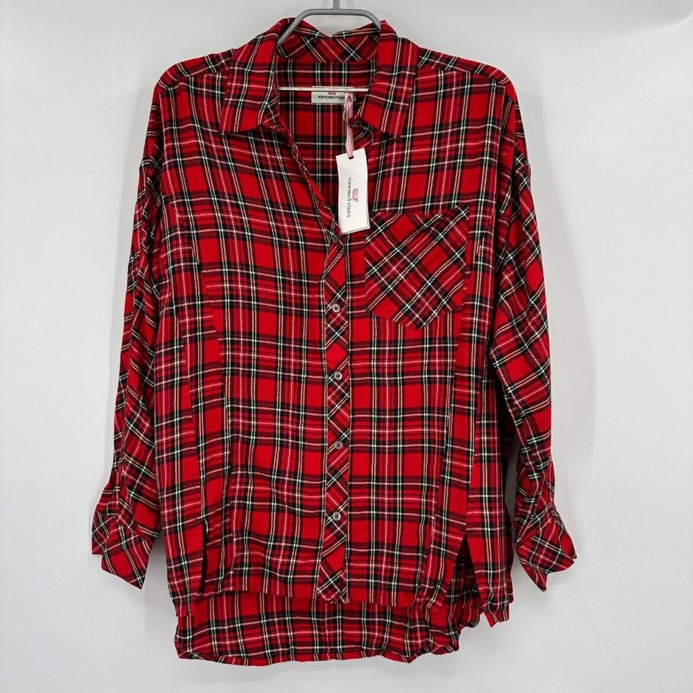 Vineyard Vines Women's Red Velvet Plaid Weekend Button Down Shirt sz 2 Oversized